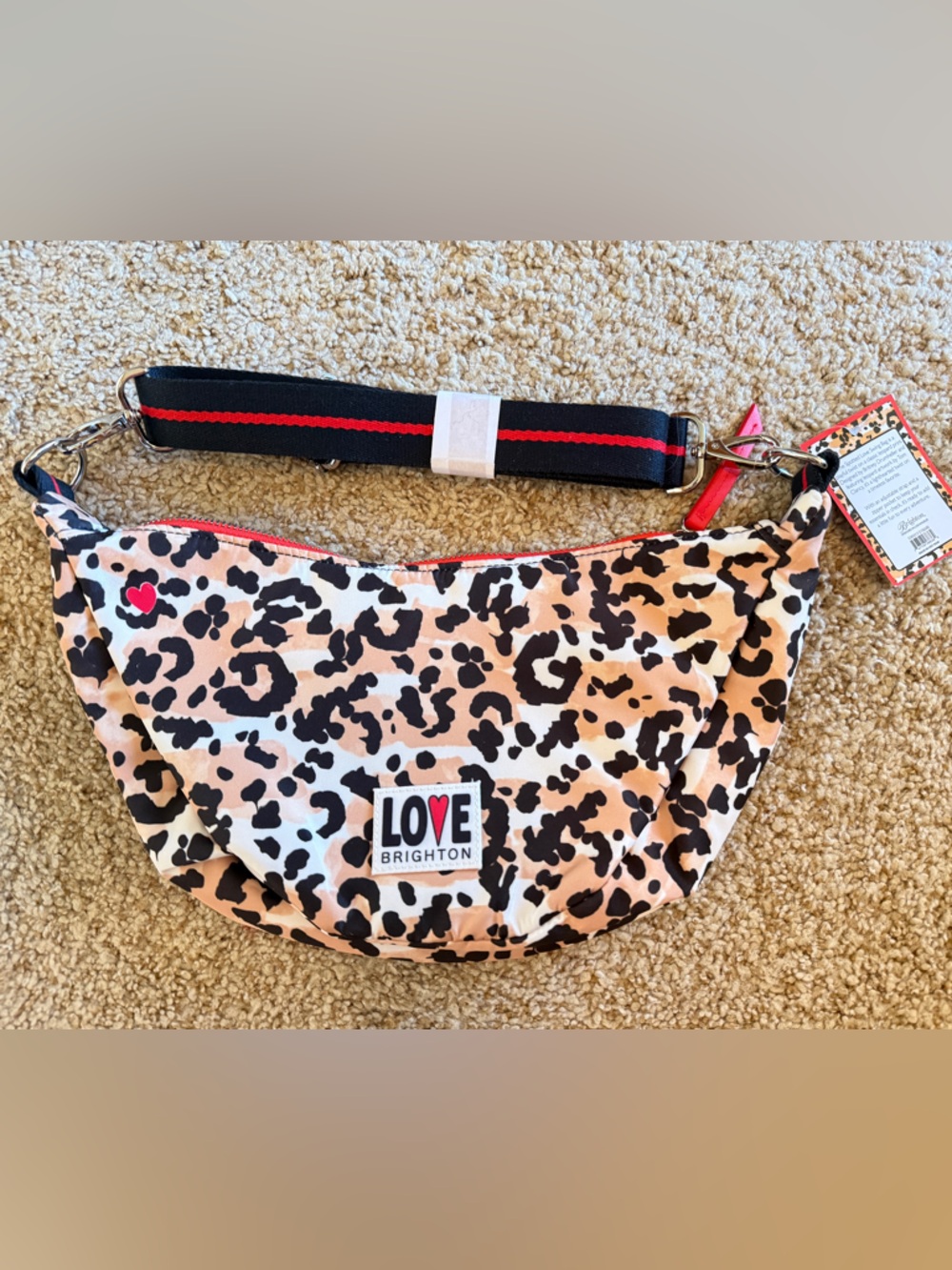 Brighton Leopard Print Crossbody Bag in Pink and Black with Red-Trim Strap